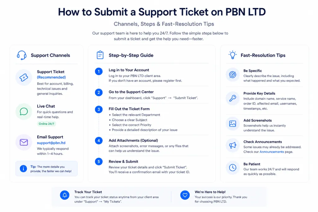 How to Submit a Support Ticket on PBN LTD — Channels, Steps & Fast-Resolution Tips